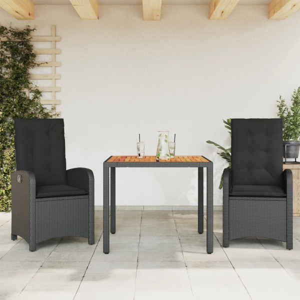 Set comedor de jardín 3 pzas con cojines ratán sintético negro D