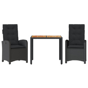 3 pcs conjunto de jantar p/ jardim c/ almofadões vime PE preto H