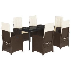7 pcs conjunto jantar p/ jardim c/ almofadões vime PE castanho H