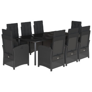 9 pcs conjunto de jantar p/ jardim c/ almofadões vime PE preto H