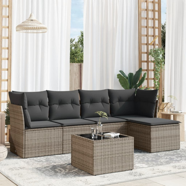 Set de muebles de jardín 6 pzas y cojines ratán sintético gris D