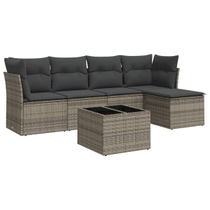 6 pcs conjunto sofás de jardim com almofadões vime cinzento H