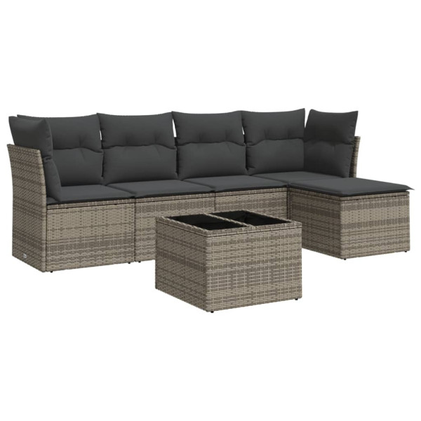 Set de muebles de jardín 6 pzas y cojines ratán sintético gris M 2