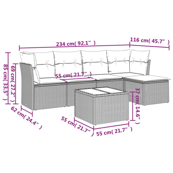 Set de muebles de jardín 6 pzas y cojines ratán sintético gris M 3