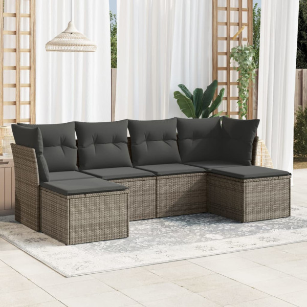 Set de muebles de jardín 6 pzas y cojines ratán sintético gris D