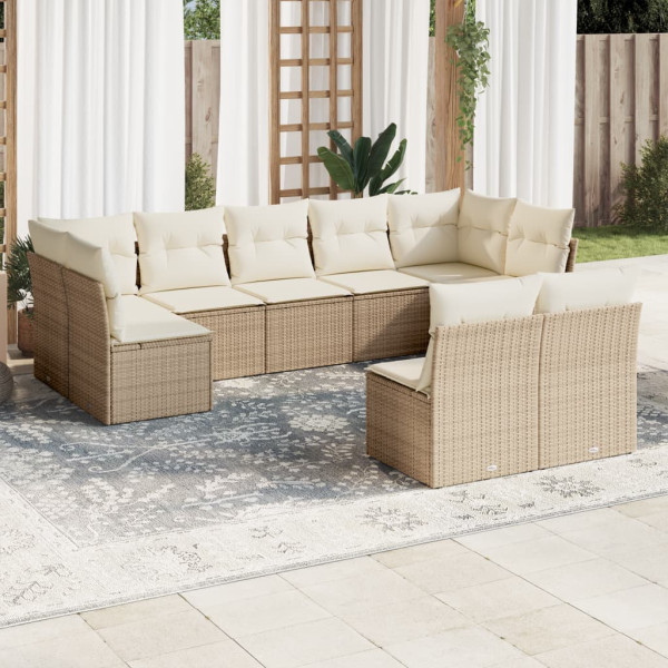 Set de sofás de jardín 9 pzas con cojines ratán sintético beige D