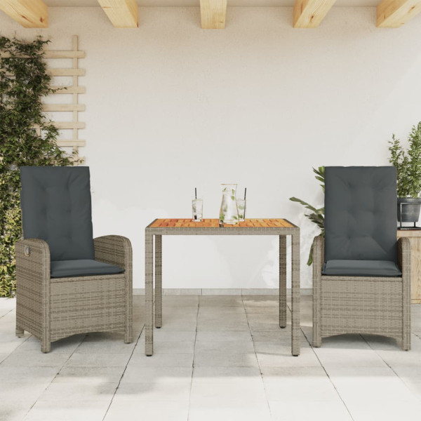 Set comedor de jardín 3 piezas con cojines ratán sintético gris D