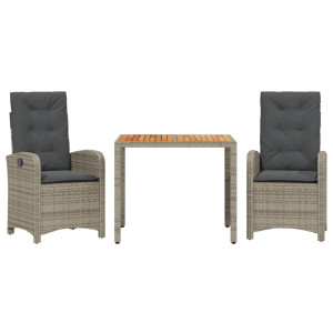 3 pcs conjunto de jantar p/ jardim c/ almofadões vime PE cinza H