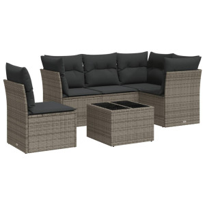 6 pcs conjunto sofás de jardim com almofadões vime cinzento H