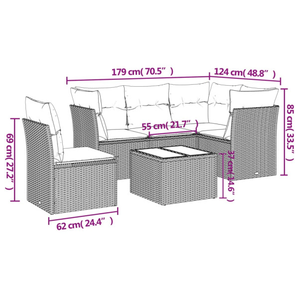 6 pcs conjunto sofás de jardim com almofadões vime cinzento M 3