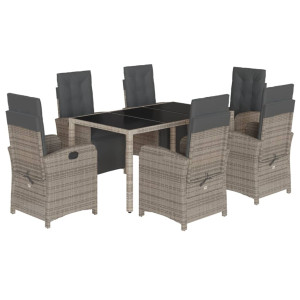 7 pcs conjunto de jantar p/ jardim c/ almofadões vime PE cinza H