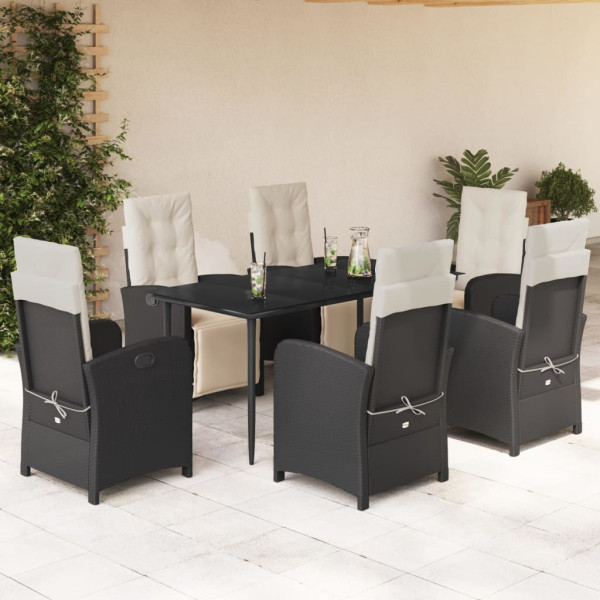 Set de comedor de jardín 7 pzas y cojines ratán sintético negro D