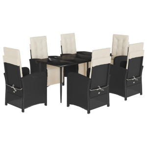 7 pcs conjunto de jantar p/ jardim c/ almofadões vime PE preto H