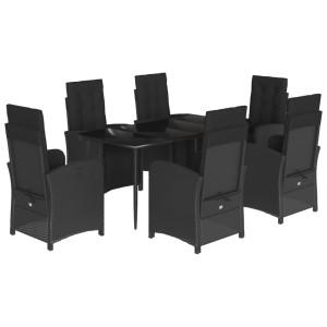 7 pcs conjunto de jantar p/ jardim c/ almofadões vime PE preto H