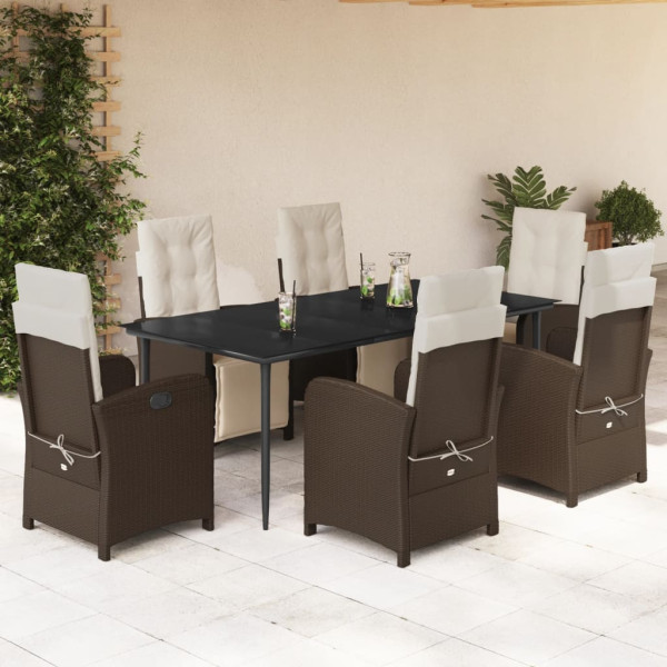 Set comedor de jardín 7 pzas con cojines ratán sintético marrón D