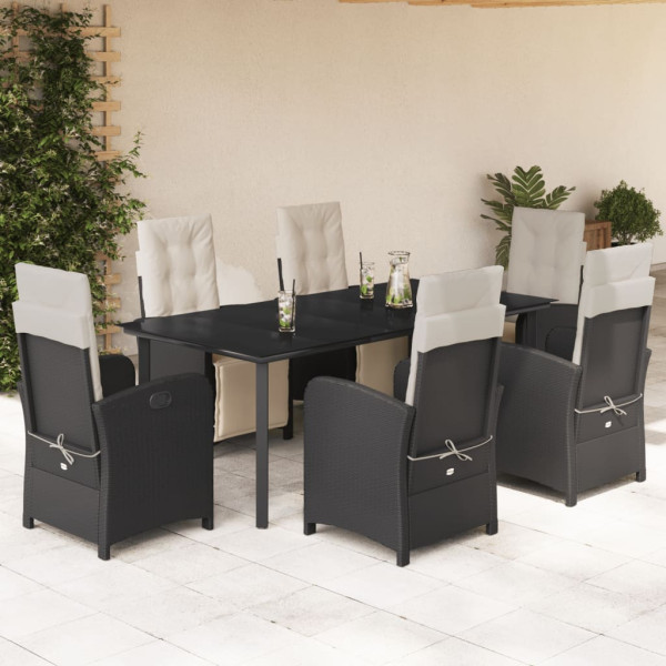 7 pcs conjunto de jantar p/ jardim c/ almofadões vime PE preto D