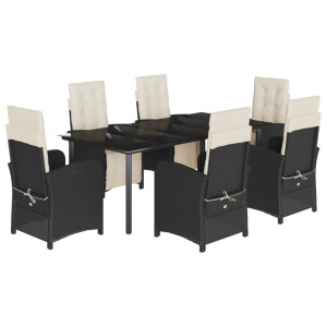 7 pcs conjunto de jantar p/ jardim c/ almofadões vime PE preto H