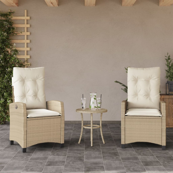 Cadeiras e mesa de jardim 3 peças ratão sintético almofada beige M 3