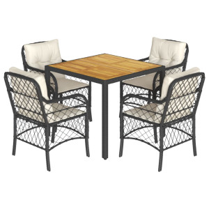 5 pcs conjunto de jantar p/ jardim c/ almofadões vime PE preto H