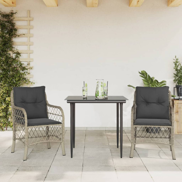3 pcs conjunto bistrô com almofadões vime PE cinzento claro D