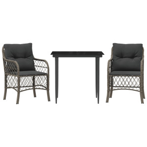 3 pcs conjunto bistrô com almofadões vime PE cinza H