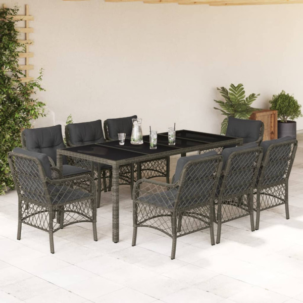 Set comedor jardín 9 pzas y cojines ratán sintético gris D