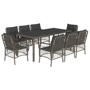 9 pcs conjunto de jantar p/ jardim c/ almofadões vime PE cinza H