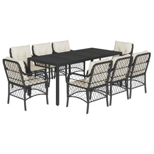 9 pcs conjunto de jantar p/ jardim c/ almofadões vime PE preto H