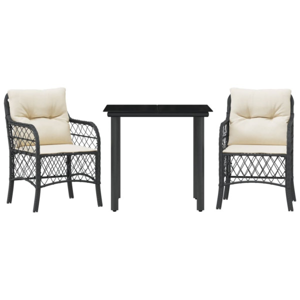3 pcs conjunto de bistrô com almofadões vime PE preto M 2