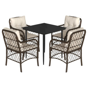 5 pcs conjunto jantar p/ jardim c/ almofadões vime PE castanho H