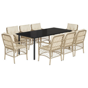 9 pcs conjunto de jantar p/ jardim com almofadões vime PE bege H