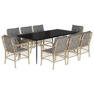 9 pcs conj. jantar jardim c/ almofadões vime PE bege misturado H