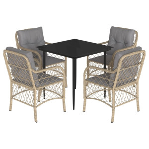 5pcs conj. jantar jardim c/ almofadões vime PE bege misturado H