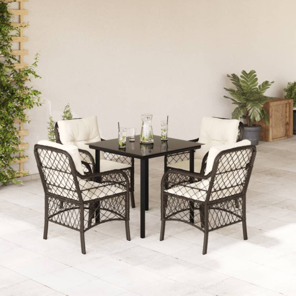 Set comedor de jardín 5 piezas y cojines ratán sintético marrón D