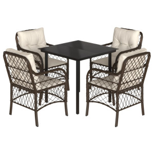5 pcs conjunto jantar p/ jardim c/ almofadões vime PE castanho H