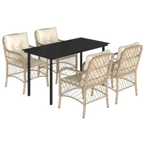 5 pcs conjunto de jantar p/ jardim com almofadões vime PE bege H