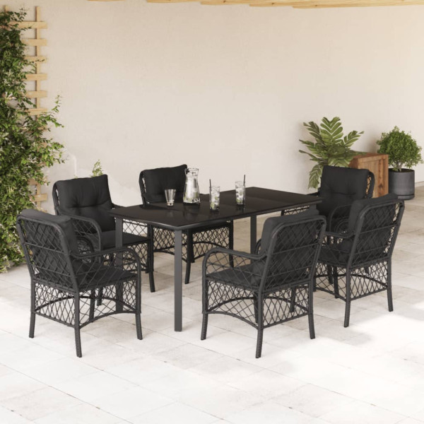 7 pcs conjunto de jantar p/ jardim c/ almofadões vime PE preto D