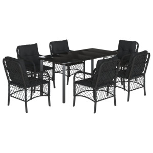 7 pcs conjunto de jantar p/ jardim c/ almofadões vime PE preto H