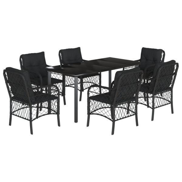 7 pcs conjunto de jantar p/ jardim c/ almofadões vime PE preto M 2