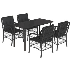 5 pcs conjunto de jantar p/ jardim c/ almofadões vime PE preto H