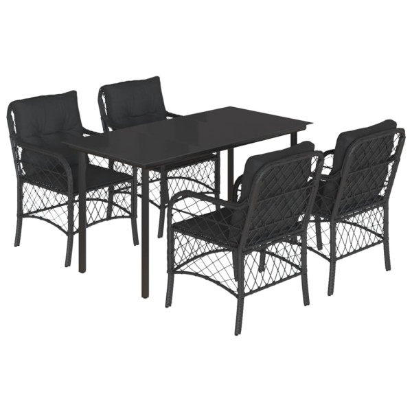 5 pcs conjunto de jantar p/ jardim c/ almofadões vime PE preto M 2