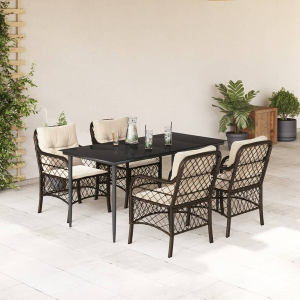 Set comedor de jardín 5 piezas y cojines ratán sintético marrón D