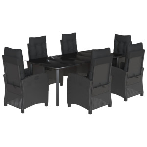 7 pcs conjunto de jantar p/ jardim c/ almofadões vime PE preto H