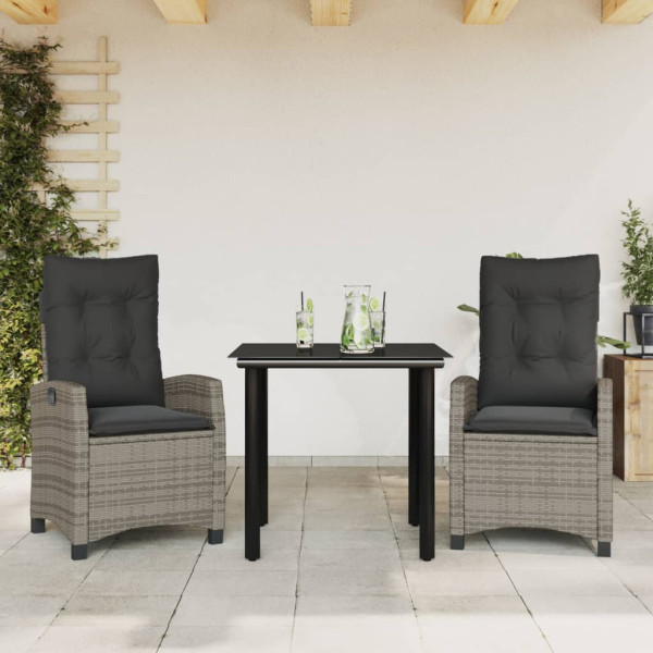 Set comedor de jardín 3 piezas con cojines ratán sintético gris D