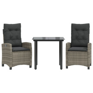 3 pcs conjunto de jantar p/ jardim c/ almofadões vime PE cinza H