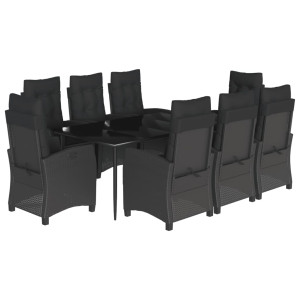 9 pcs conjunto de jantar p/ jardim c/ almofadões vime PE preto H
