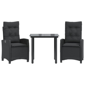 3 pcs conjunto de jantar p/ jardim c/ almofadões vime PE preto H
