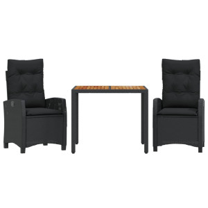 3 pcs conjunto de jantar p/ jardim c/ almofadões vime PE preto H