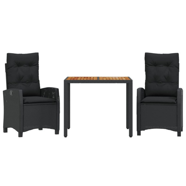 3 pcs conjunto de jantar p/ jardim c/ almofadões vime PE preto M 2