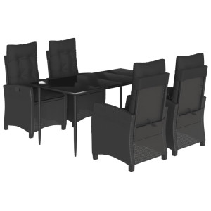 5 pcs conjunto de jantar p/ jardim c/ almofadões vime PE preto H